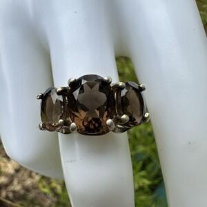 SETA  Accent Ring Size 8 Triple Smoky Quartz Gems Gold Plated 925 Sterling 4.4g